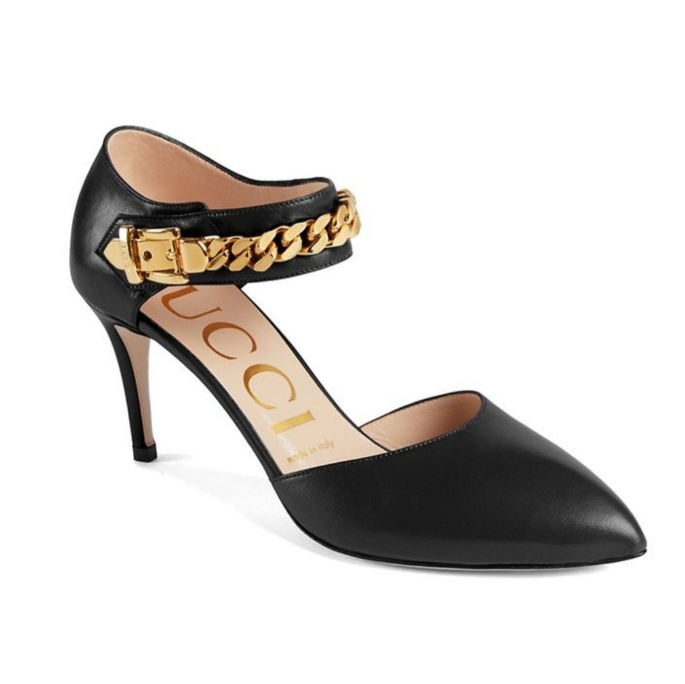 Gucci Malaga Kid Sylvie Chain Pointed Leather Pump Heel (Size 9 US, 39 IT)